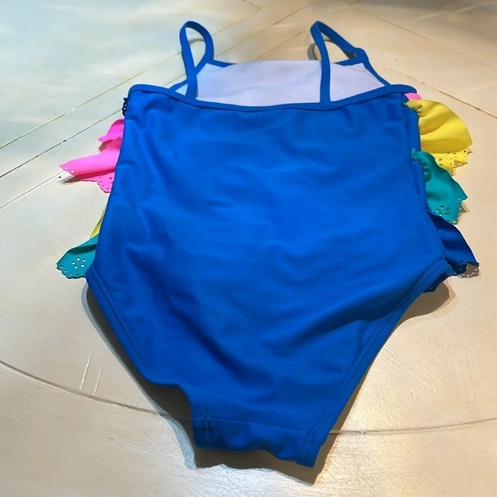Colorful Ruffled Kids Swimsuit by Flapdoodle size 5 perfect condition